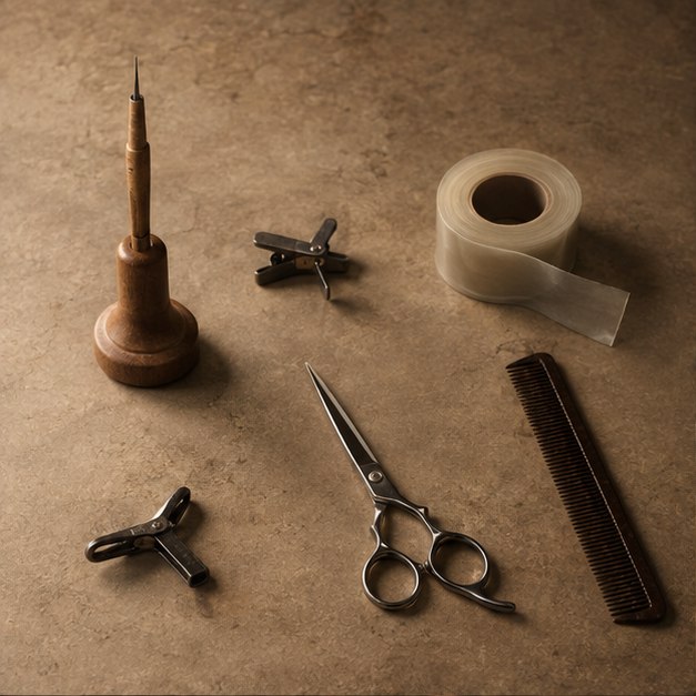 A ventilating needle standing in its wooden holder, two small clamps, a roll of clear tape, barber scissors and a comb, laid out spaced apart on warm stone.