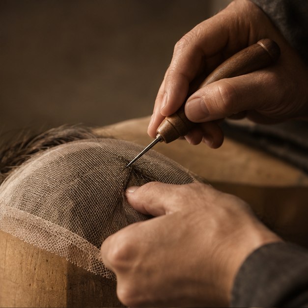 Two hands working a ventilating needle into fine lace stretched taut over a wooden block, the needle caught mid-stroke.