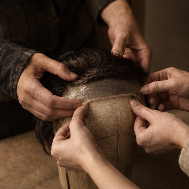 Two pairs of hands over a canvas head block, one positioning a hair system at the front edge while the other guides the placement.