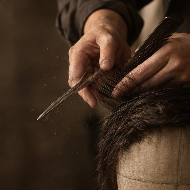A hand point-cutting into hair fitted on a canvas block, a comb steadying the section, cut fragments suspended in the raking light.