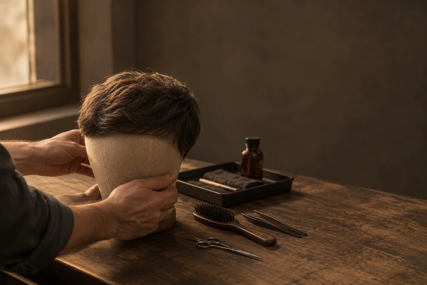 Two hands steadying a canvas block with a finished hair system on it at a wooden bench, with a brush, scissors, tweezers and a tray of tools set down beside it in low window light.