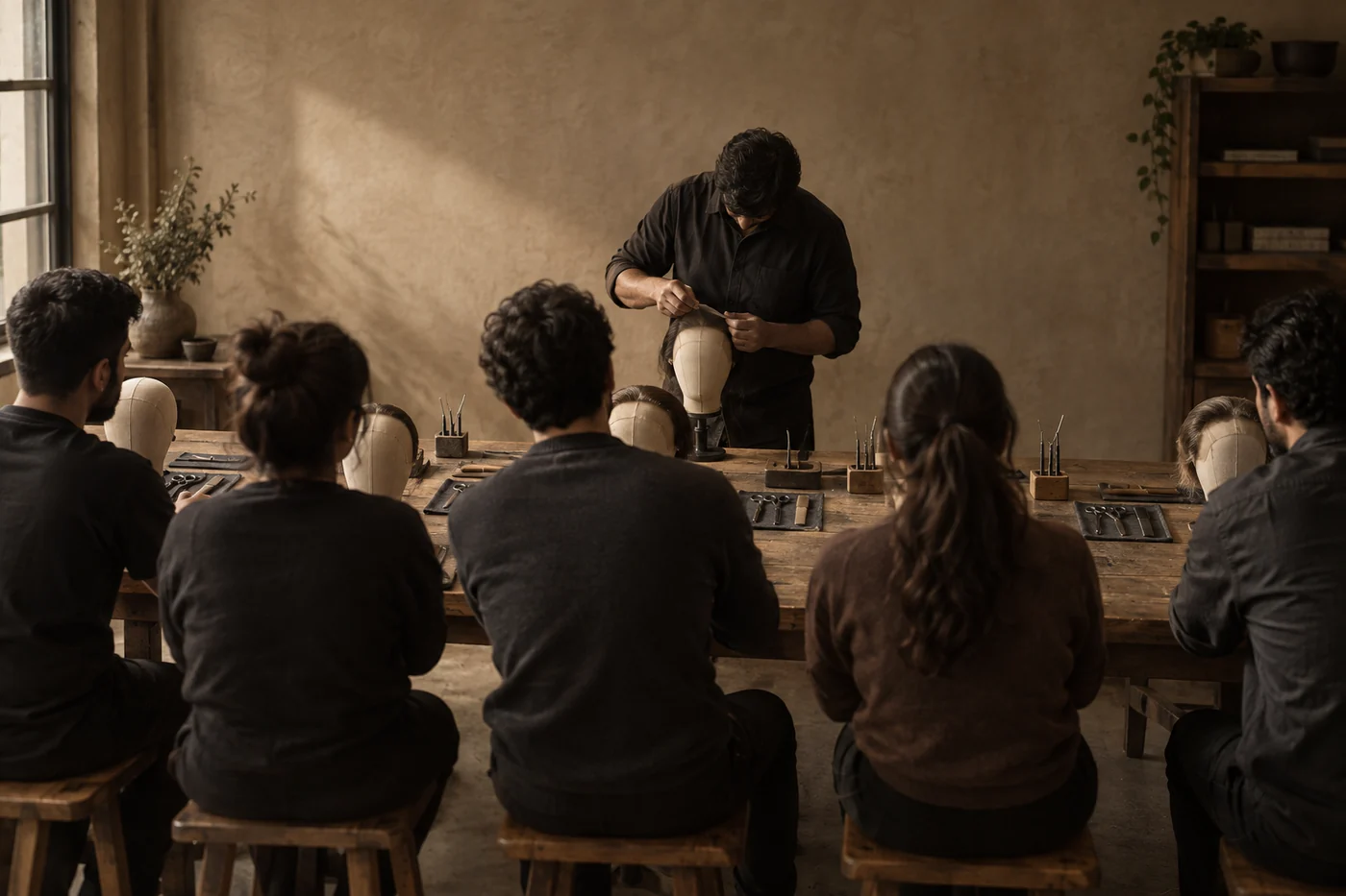 Five people on stools at a long workbench, seen from behind, each with a canvas wig block and tools in front of them, watching an instructor work on a block at the head of the bench.