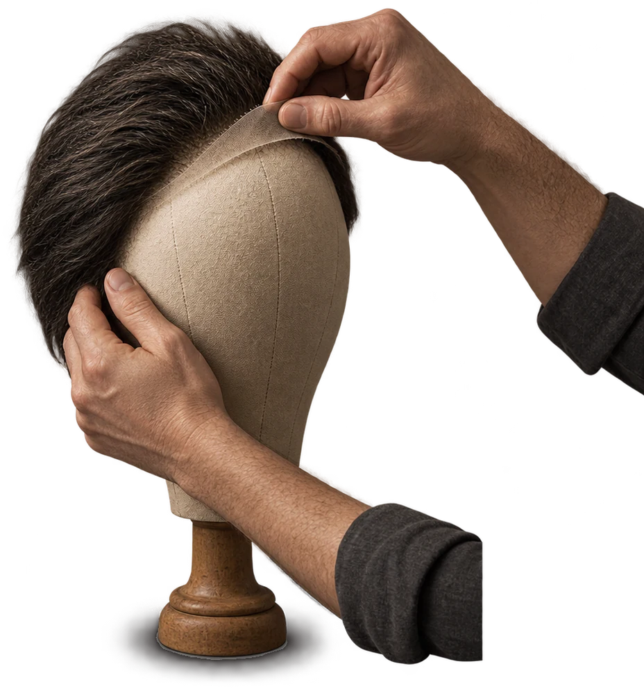 Two hands in rolled charcoal shirt cuffs fitting a hair system onto a canvas wig block on a wooden stand — one lifting the lace front edge into place, the other steadying the block.