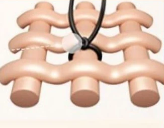 Cutaway of a single lace base: one hair knotted around a strand of the open mesh, the knot sitting on the upper surface.