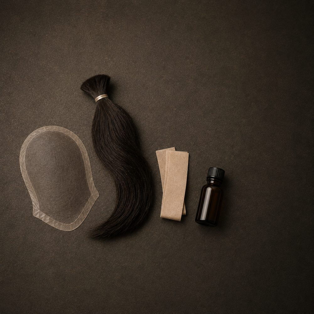 A bare base mesh, a coil of dark human hair, folded strips of medical tape and a small bottle of bonding liquid, laid out separately.