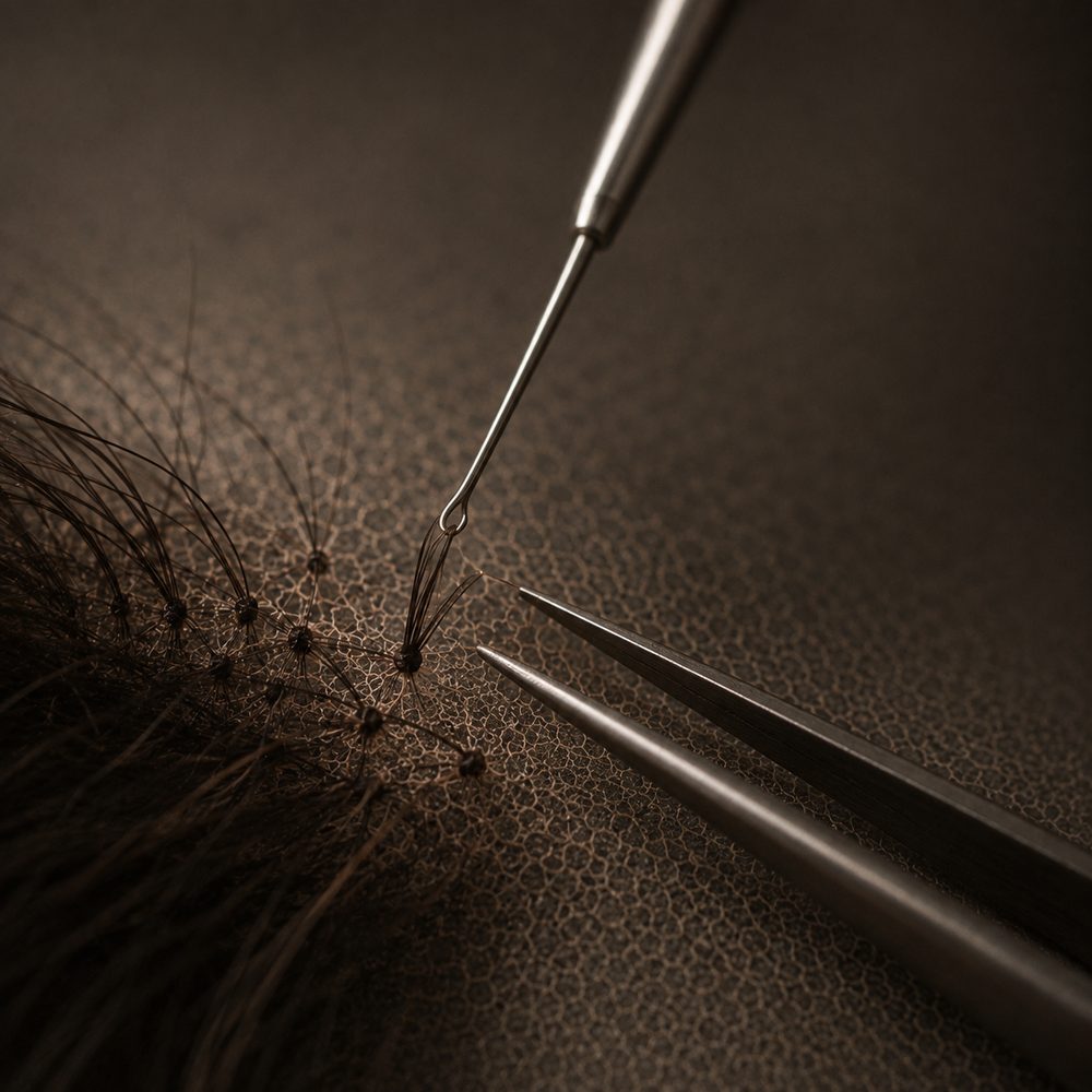 Extreme close-up of a fine steel hook drawing a single hair through transparent lace mesh, caught mid-knot.