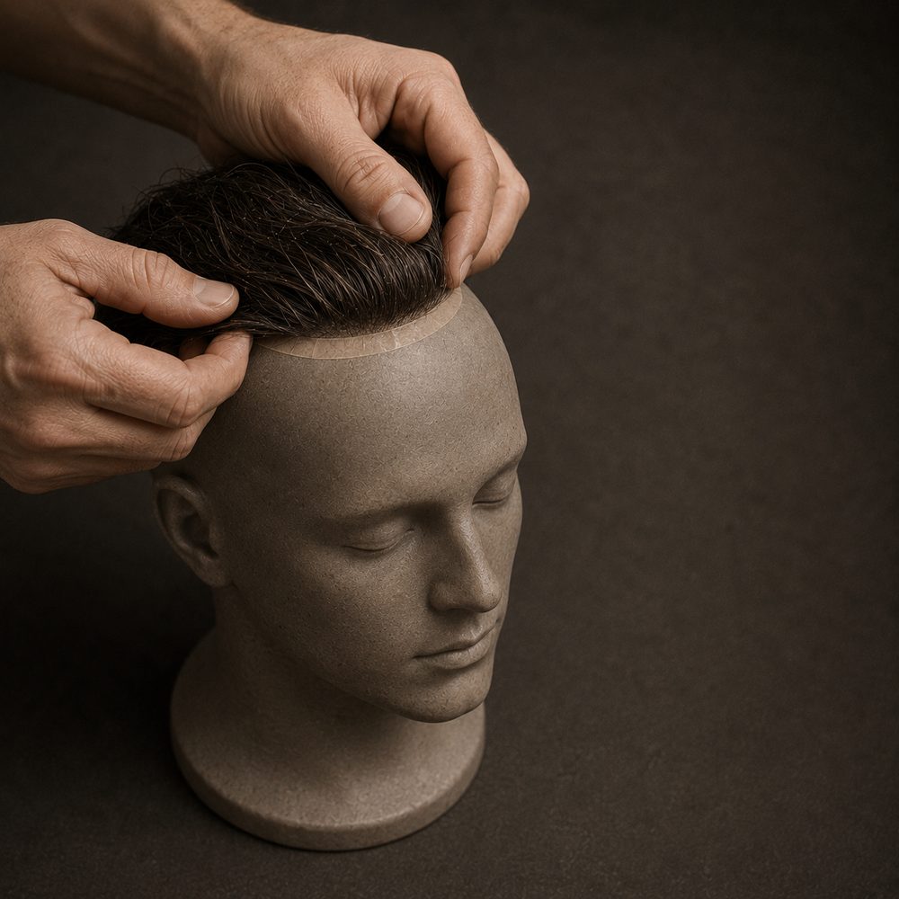 A hair system being lowered onto a matte display head, hands pressing the front edge down, tape visible where the edge meets the scalp.