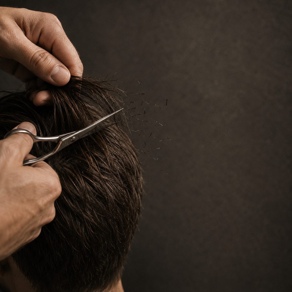 Barber scissors point-cutting into dark hair already fitted on a head, a few cut fragments suspended in the light.
