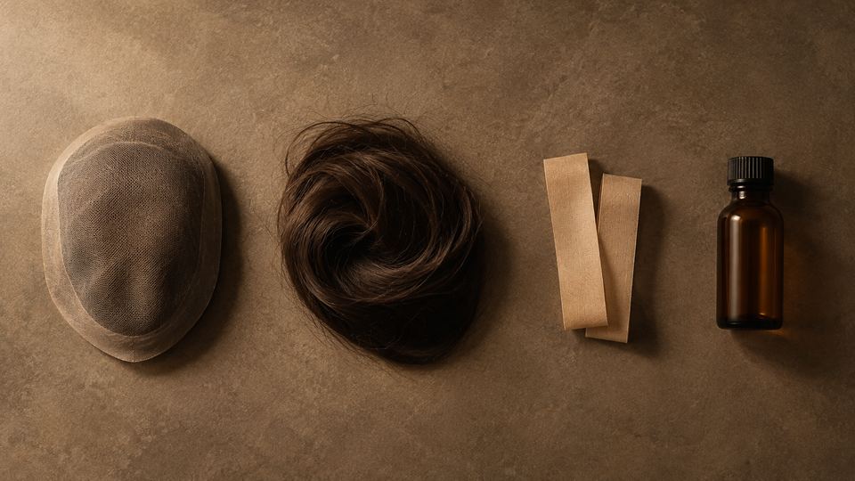 A bare base mesh, a coil of dark hair, folded strips of tape and a small bottle of bonding liquid, laid out in a row.