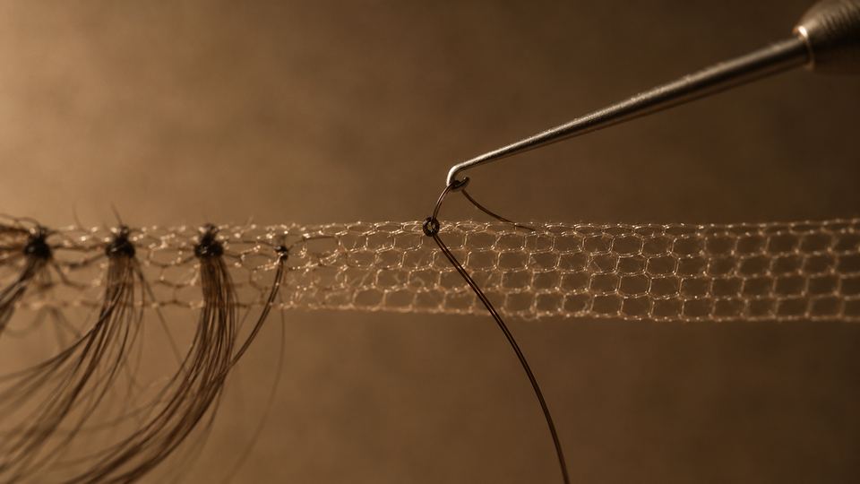 A fine steel hook drawing a single hair through transparent lace mesh, caught mid-knot.