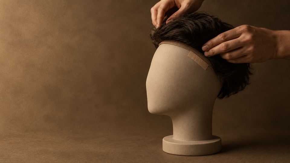 A hair system being lowered onto a blank display head, hands pressing the front edge down.