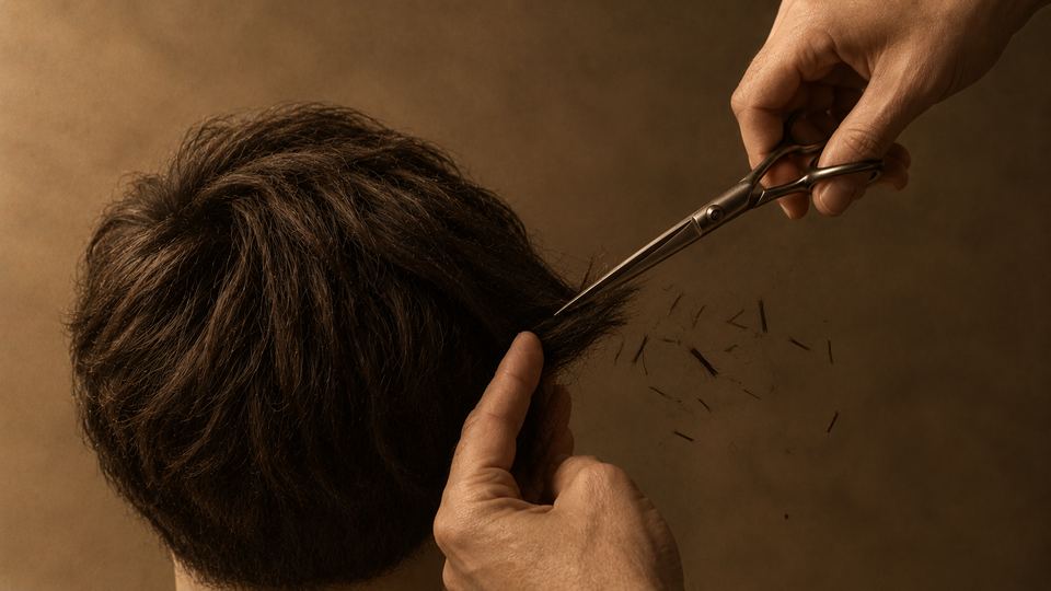 Barber scissors point-cutting into dark hair on a head seen from behind.