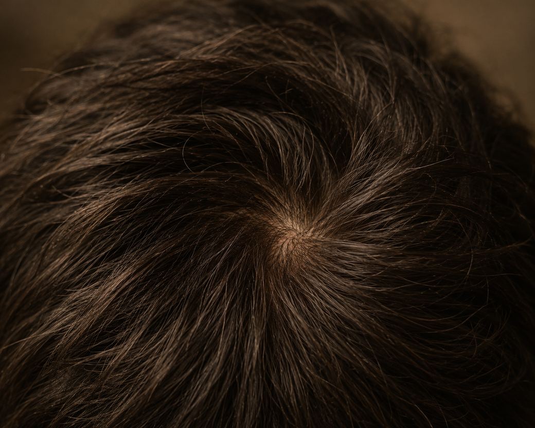 Macro of a crown whorl in dark hair, the direction of fall spiralling out from the centre.