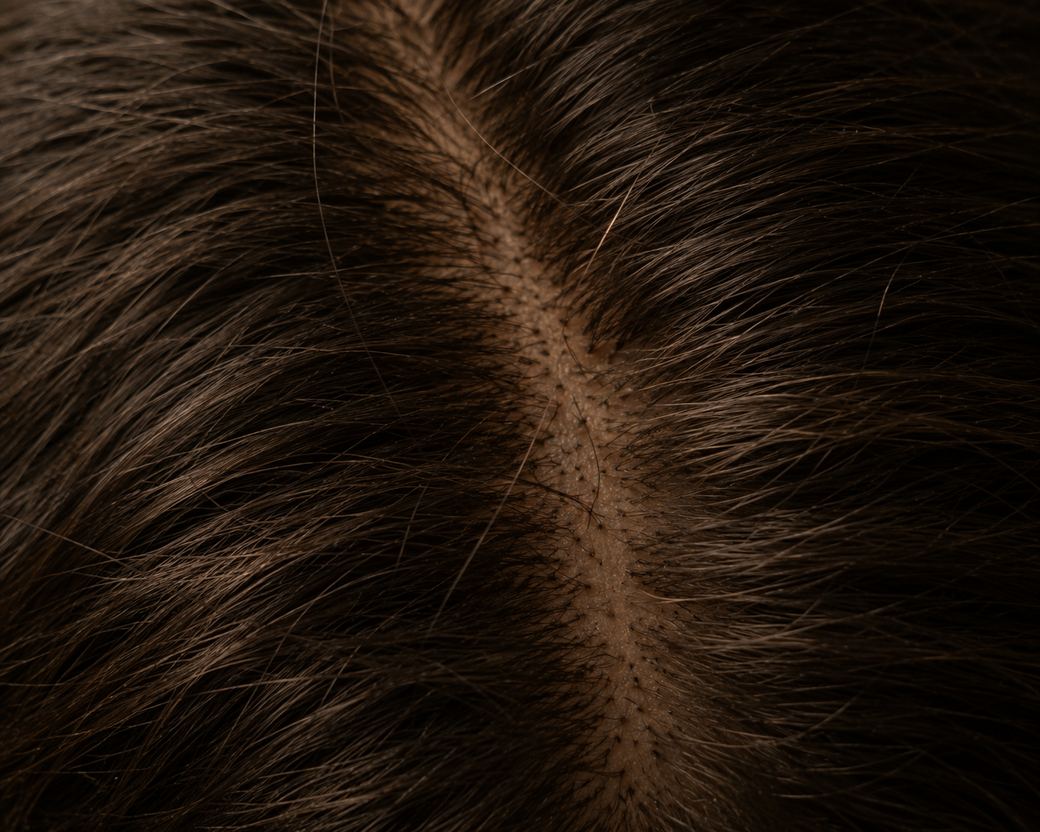 Macro of a parting in dark hair, the knots and base mesh just visible through it.