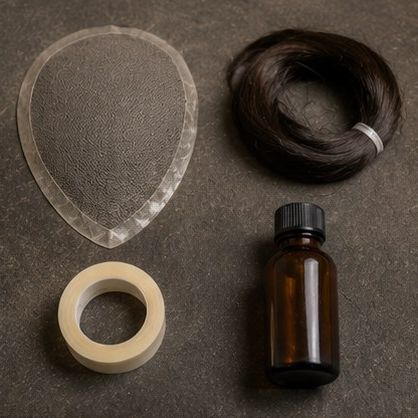 A base mesh, a coil of dark hair, a roll of tape and a small bottle of adhesive laid out together.