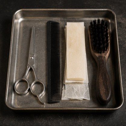 A tray holding barber scissors, a comb, tape strips and a brush — no medical instruments.