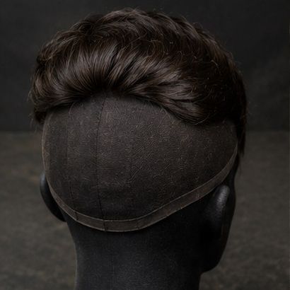 A full-cap hairpiece on a canvas head block, seen from behind, the seam visible at the nape.
