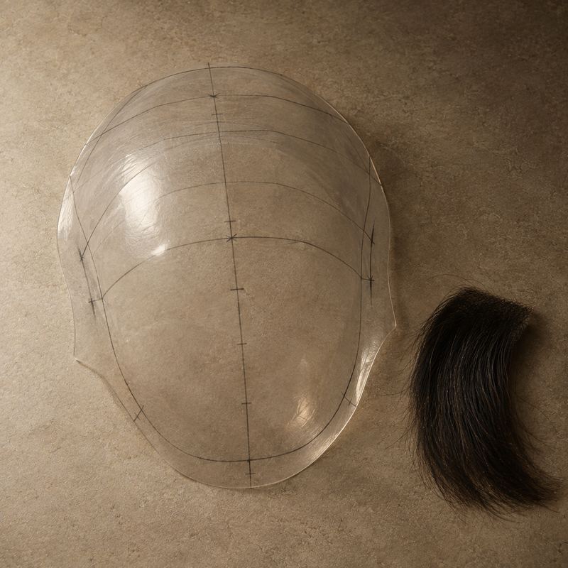 A clear plastic head template marked with pencil lines, beside a swatch of dark hair.
