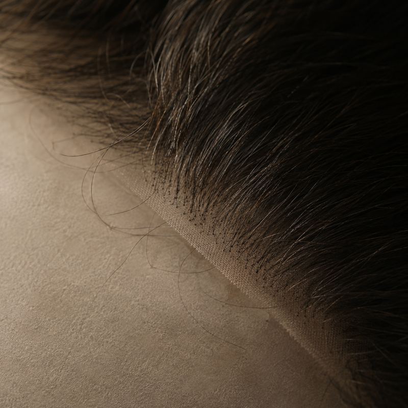 Close up of a fine lace front edge, individual hairs knotted into transparent mesh.