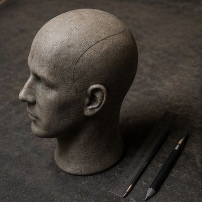 A mannequin head in profile with a hairline drawn on in pencil, a ruler beside it.