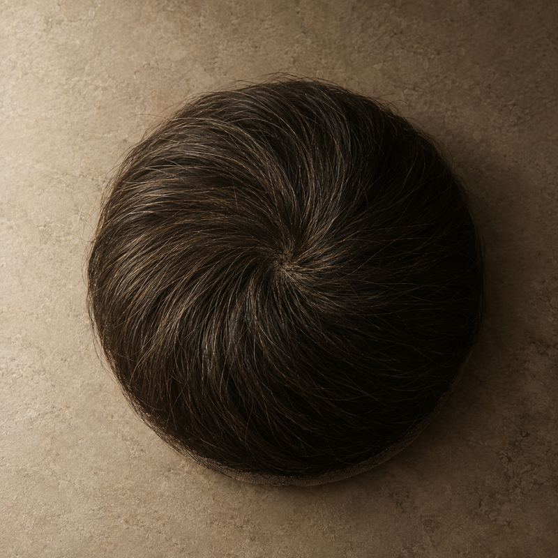 A round crown piece seen from above, the hair spiralling outward from a single whorl.