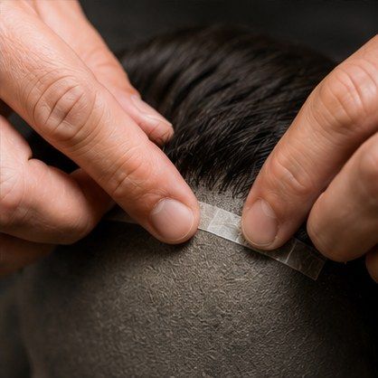 Two hands pressing the edge of a hair system into place over medical tape.