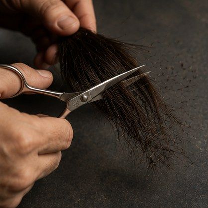 Hands point-cutting into dark hair with barber scissors.