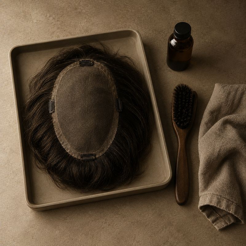 A hair system in a shallow service tray with a brush, a bottle and a folded cloth.