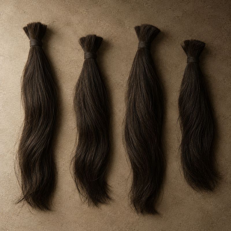 Four bundles of dark human hair laid out in a row, each bound at one end.