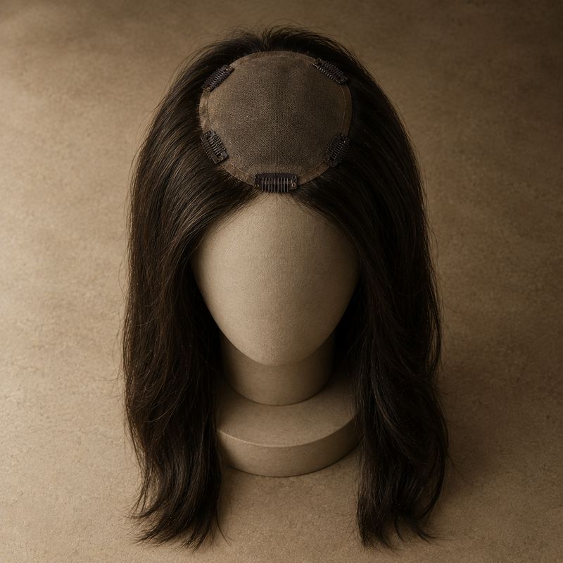 A women's hair topper on a stand, the small pressure clips visible along its edge.