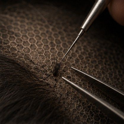 A fine ventilating hook drawing a single hair through lace mesh, mid-knot.
